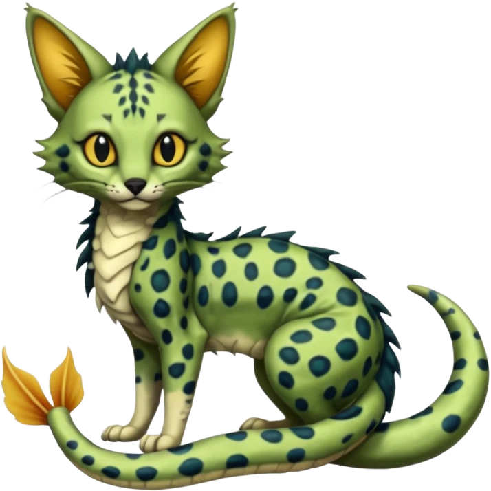 Realistic cute swampy greenish dark edgy spooky Flurry furry scary slimy oily glossy wet gloomy dusky scaly sergal-serval-possum-sphynx-Koi-sergal-fusion-animal-hybrid-creature with a snake-tail emoji