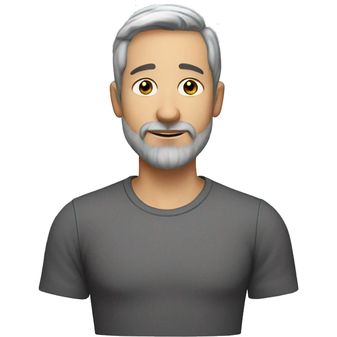 38 year old man with very very short grey hair and short beard, oval face, small black eyes, pimples on cheeks, big nose emoji