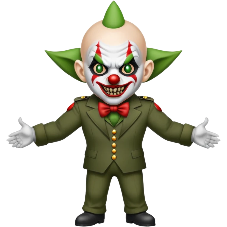 evil clown, bald, short devil horns on forehead, fangs, pointed ears, black and military green leisure suit, battle-ready fighting posture emoji