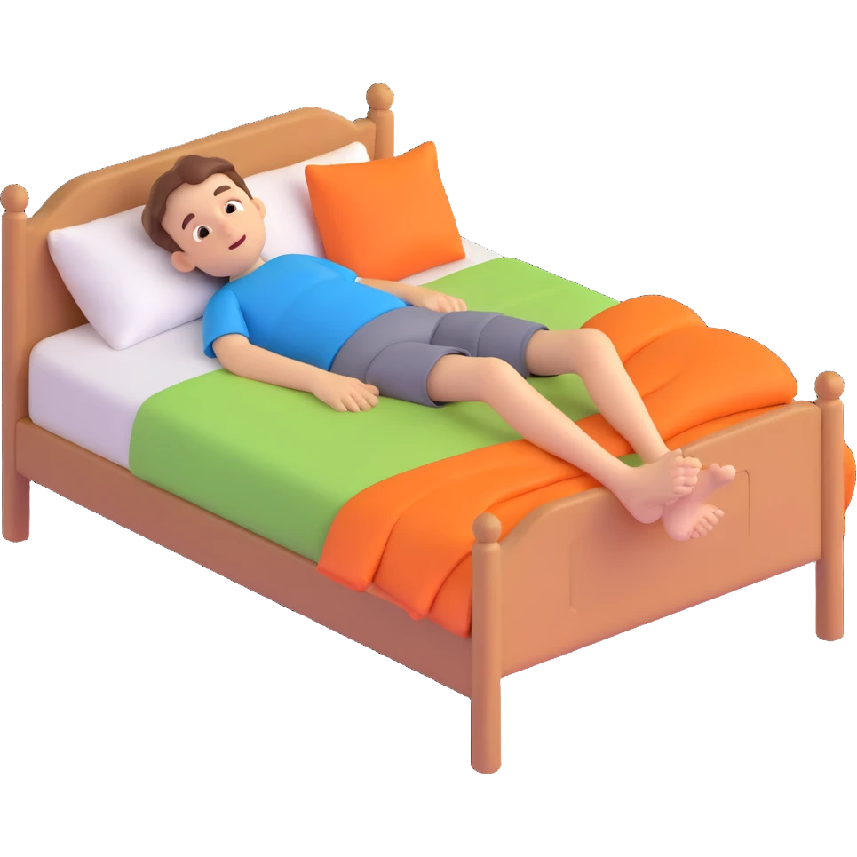 a boy lying in bed with his feet visible at the end, relaxed and comfortable emoji