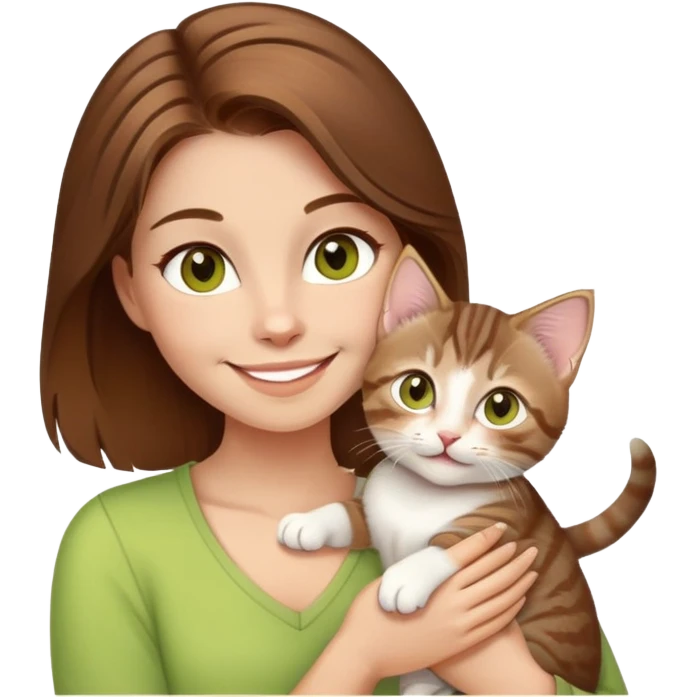 Woman with brown hair, chartreuse eyes, cute happy smile holding a white and brown tabby kitten emoji
