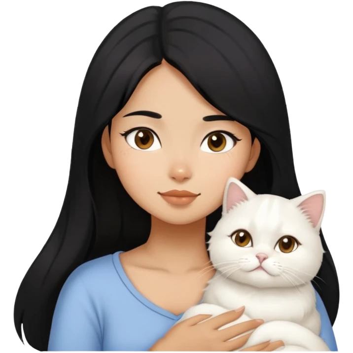 Black hair filipina girl snuggling with one white Persian cat emoji