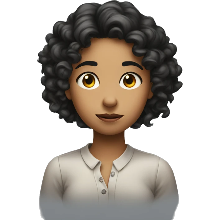 The girl is rolling her eyes and holding two fingers laying on her left side of the head with black curly long hair emoji