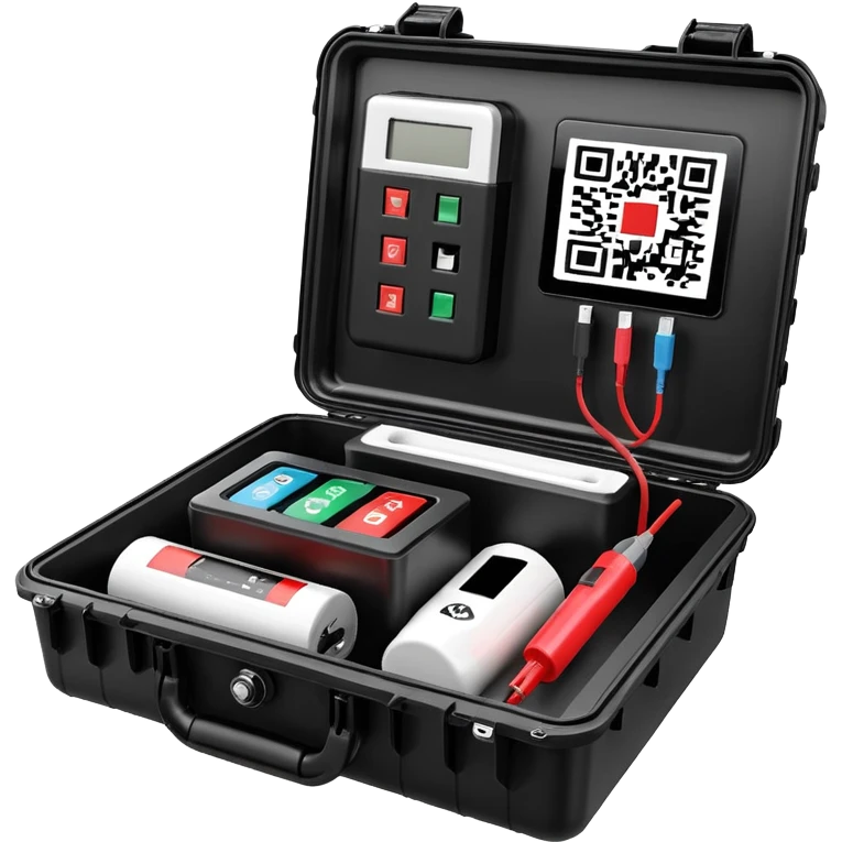 An open, black outdoor test case.Interior: control panel with colored test jacks, USB ports, and a power outlet. A red test probe is located next to it. On the left side of the case is a large roll of white, round test labels displaying QR codes.  emoji