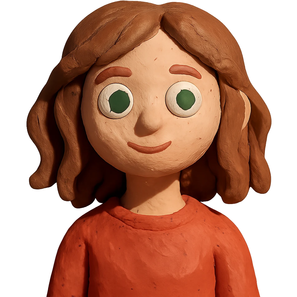 claymation style girl with green eyes and slightly wavy brown hair emoji