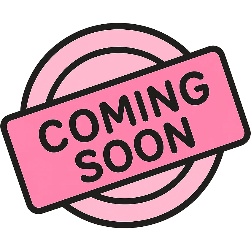 baby pink coming soon stamp, color outline style, bold and modern, slightly tilted, clear text emoji