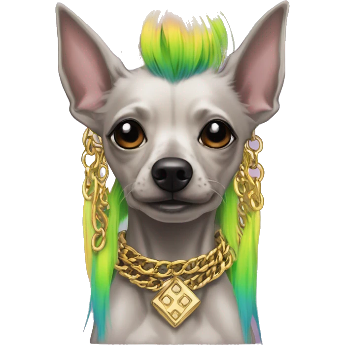 Punk Chinese crested dog neon rainbow hair gold chain punk piercings tattoos punk ear piercings emoji