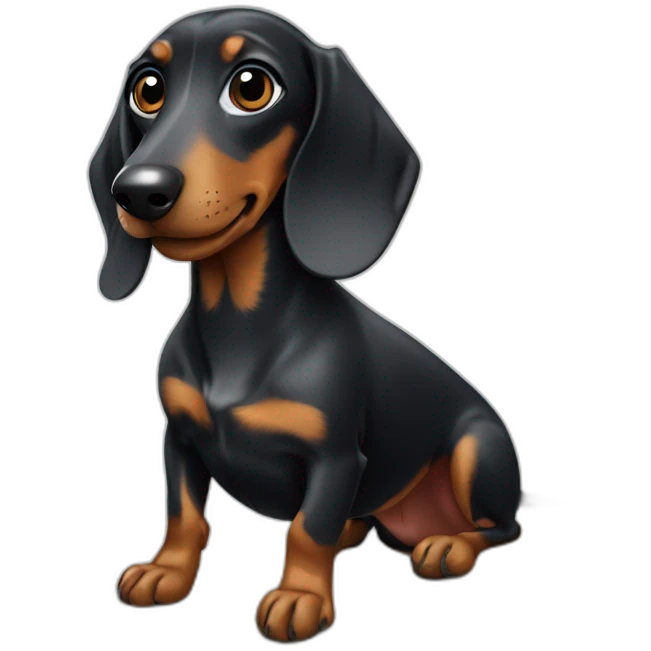 Black Dachshund with a gray spot on the face and gray eyes on a surfboard emoji