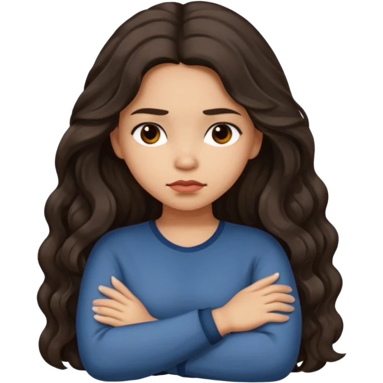 Hispanic girl with long dark wavy hair crossing her arms and slightly pouting emoji