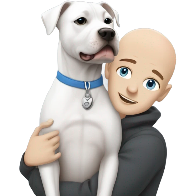 white bald man with blue eyes hugging dark grey no white staffordshire terrier  emoji