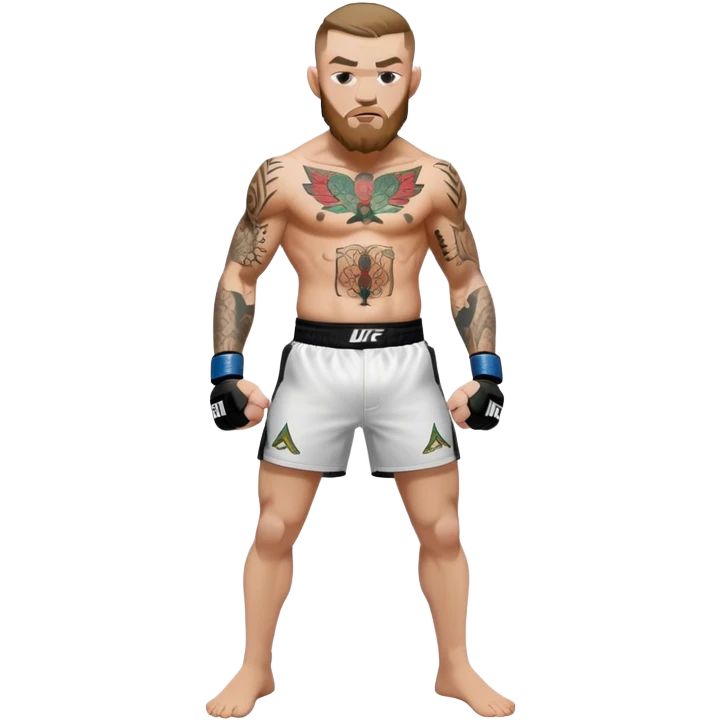 Conor McGregor in fighting stance with UFC shorts and tattoos emoji