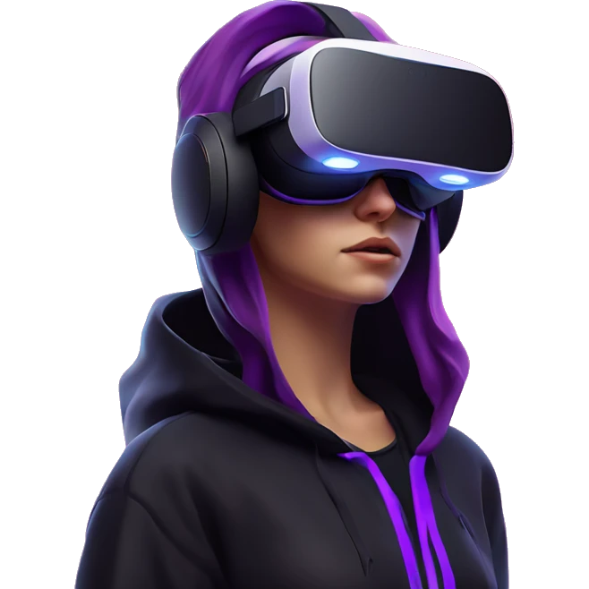 Russian girl wearing black hoody with violet letters "OMG", in vr headset oculus quest2. Standing like jedi. Cyberpunk style. Violet neon. emoji