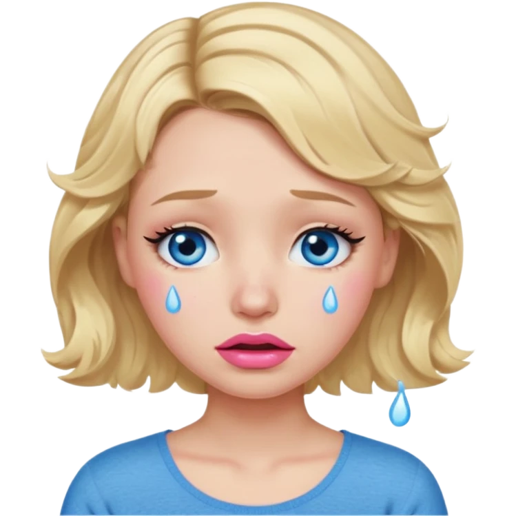 Girl Blonde short wavy hair,  blue eyes, cute blue top, long lashes, pink lips,crying with tears running down the face  emoji