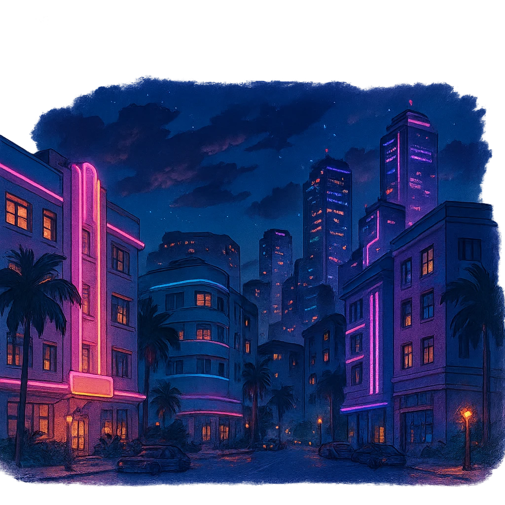ghibli style GTA 6 inspired city at night with neon lights, no text emoji