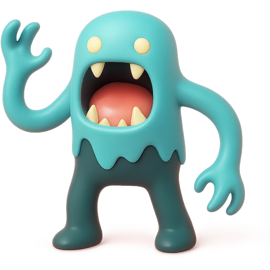 terrifying monster with elongated limbs, gaping mouth with sharp fangs, glowing eyes, shadowy body, toy-like vinyl figure emoji