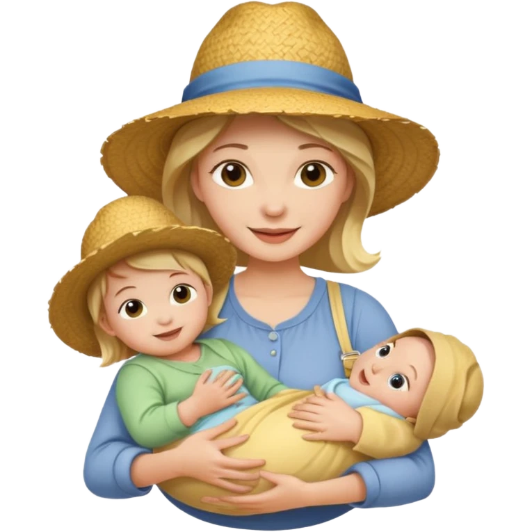 A cheerful mom in a straw hat carrying a baby emoji