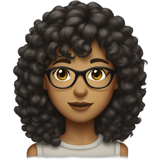 Girl with big dark brown curly hair and bangs with glasses emoji