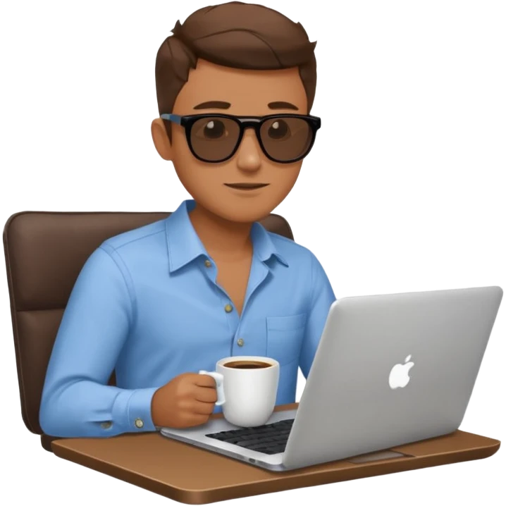 stylish man in sunglasses sitting with a laptop and coffee emoji