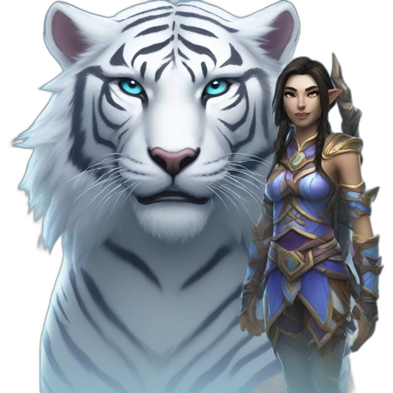 warcraft night elf hunter female next to large white tiger emoji