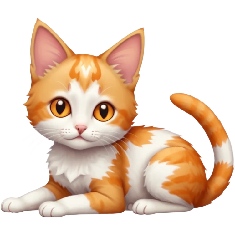 full body of very small + skinny ginger and white kitten with deep orange eyes and triangular shaped face lying down with bent front paws emoji