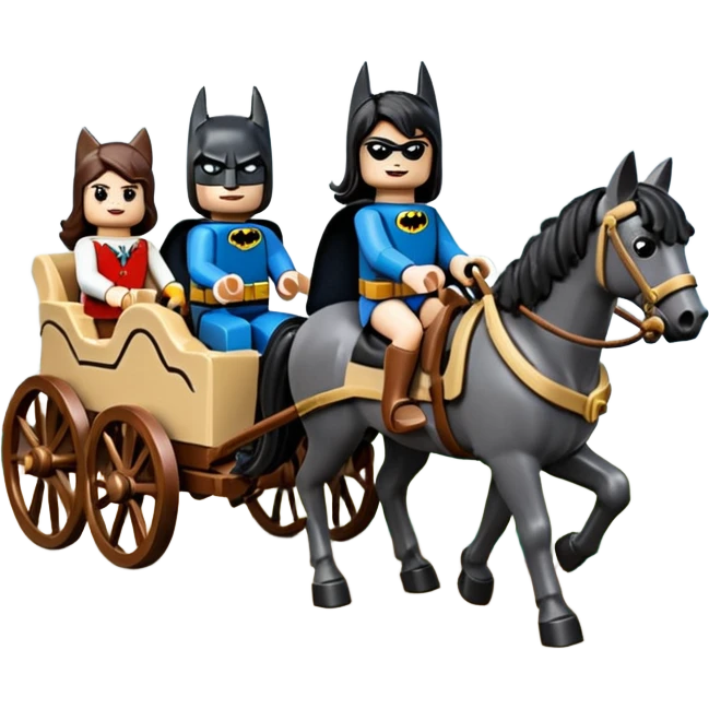  Rustic wood Lego detailed 1854 Batman driving and pretty dark-haired Catgirl riding a horse drawn family-size Caravan alone together on a romantic trail in the woods  emoji