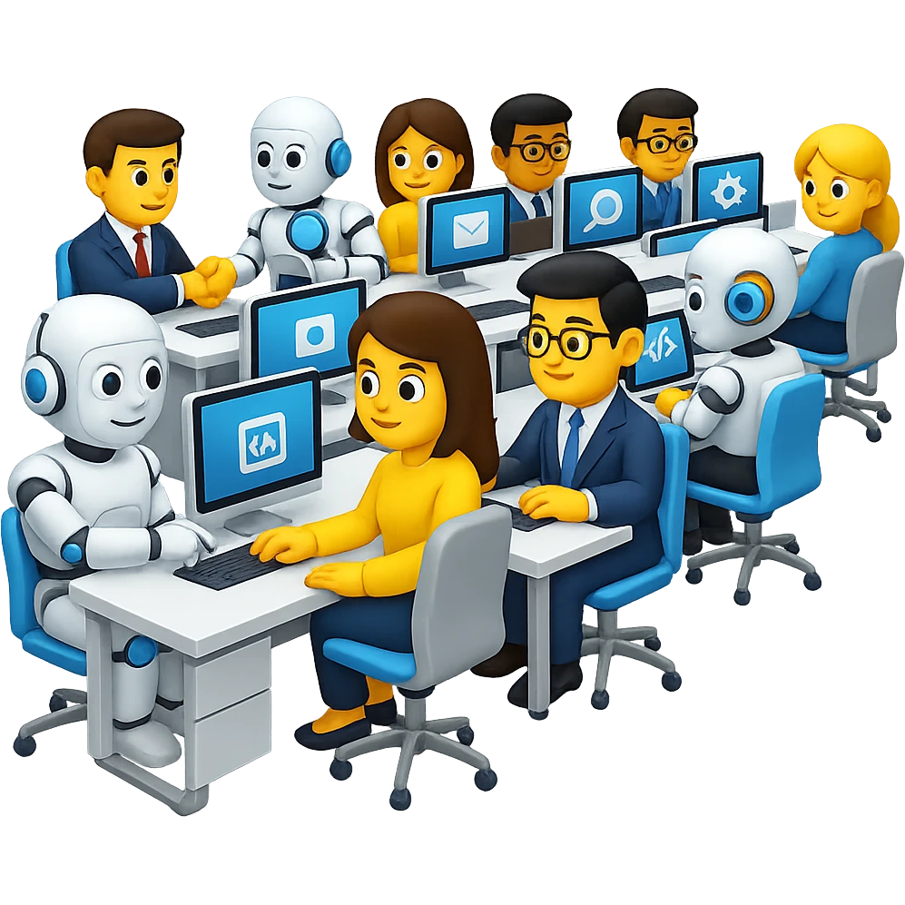 Add more robots collaborating with humans in a modern office environment. The style is emoji style, so keep the look consistent with emoji aesthetics and no background. emoji