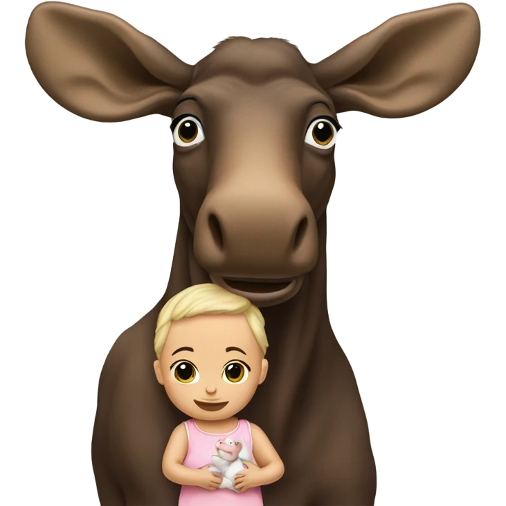 Live moose holding a lifelike baby doll emoji