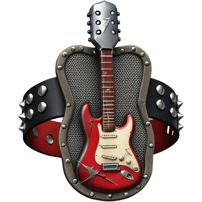 Create a powerful and dynamic humanless emoji representing rock vocals. The design should feature a classic vintage microphone with a rugged, distressed look, surrounded by elements like a guitar pick, electric guitar neck, and sound waves to reflect the raw energy of rock music. Add subtle details such as a spiked bracelet, leather textures, or bold lightning bolts to evoke the rebellious and intense spirit of rock. Use dark, edgy colors like black, red, silver, and metallic accents to emphasize the fierce, loud, and passionate nature of rock vocals. The background should be transparent. emoji