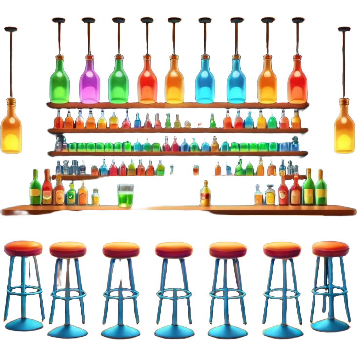 A 3D cartoon bar interior with a counter, glowing shelves of colorful bottles, tall stools, and hanging lights, warm ambient lighting, realistic reflections, Memoji-style. emoji