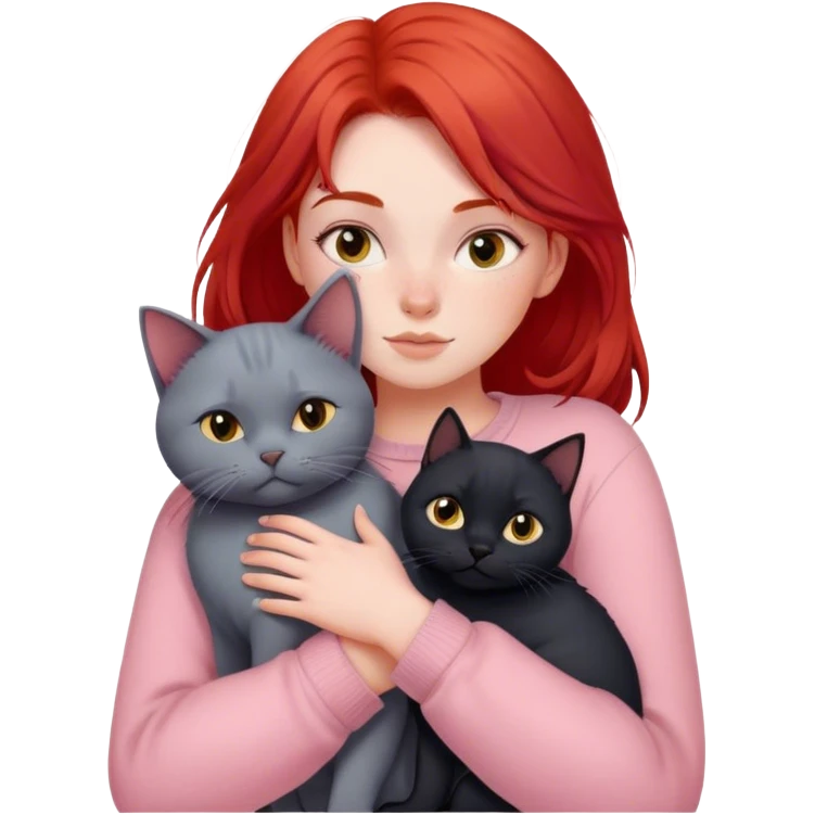 
a girl with red hair in pastel clothes hugs a black British cat emoji