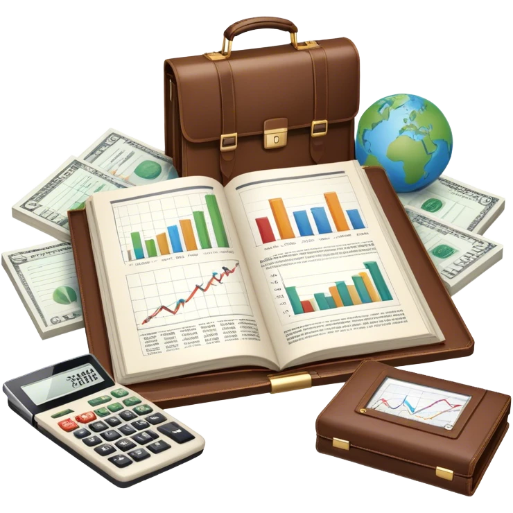 Icon for Business Reading: an open book with a graph and financial charts, a briefcase, a calculator, and a laptop nearby. The icon should represent the world of business, finance, and professional growth. Transparent background. emoji
