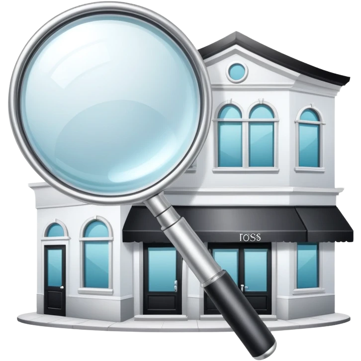 magnifying glass over a beauty salon building emoji