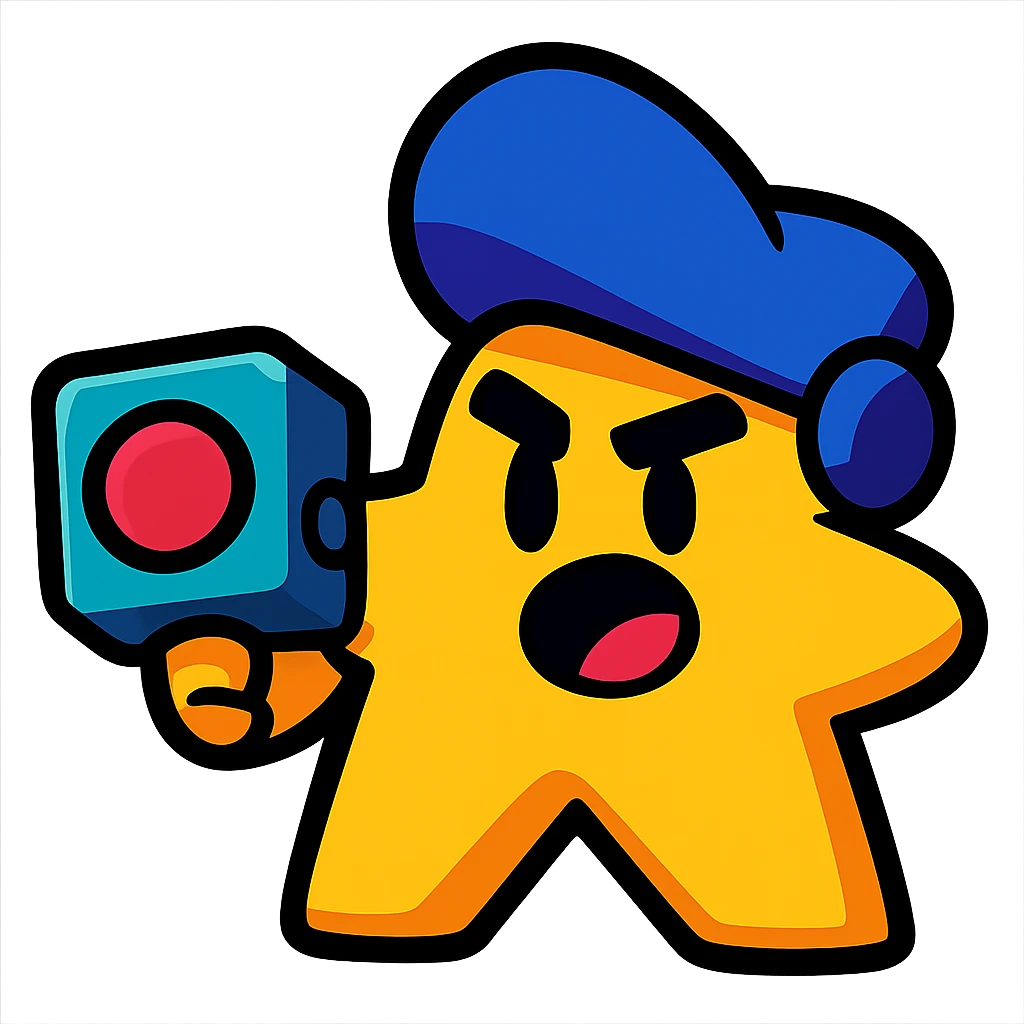 meeple character inspired by Brawl Stars, holding a gadget, bold outlines, vibrant colors emoji