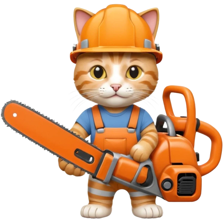 a cat in a construction helmet holds a chainsaw in his hands emoji