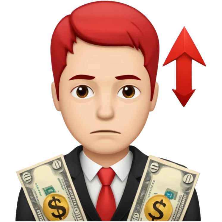 a man with money bills and a red down arrow next to him emoji