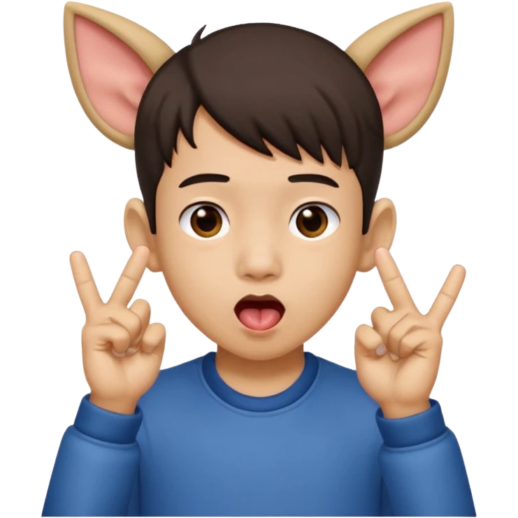 a boy with asian eyes holding his ears out with 2 fingers and with his tongue out emoji