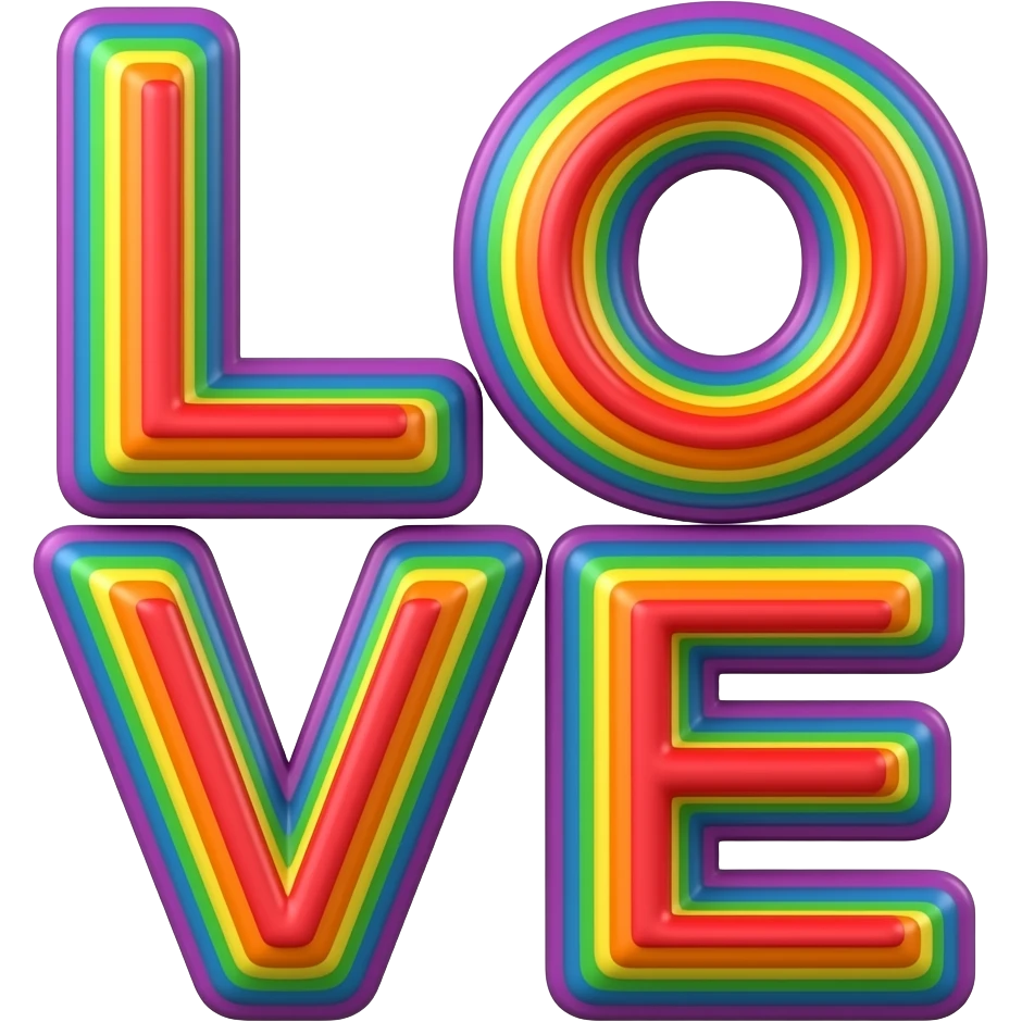 name "love" in red, 3D style typography lettering, each color of the rainbow as a border outlined around each letter, isolated, 3d rendering, no emoji icons no emoji faces and must have no human figures emoji