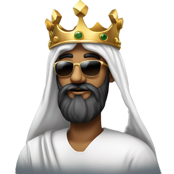 A man in an arafat with a large black beard and large square sunglasses, wearing a golden crown on top of the arafat emoji