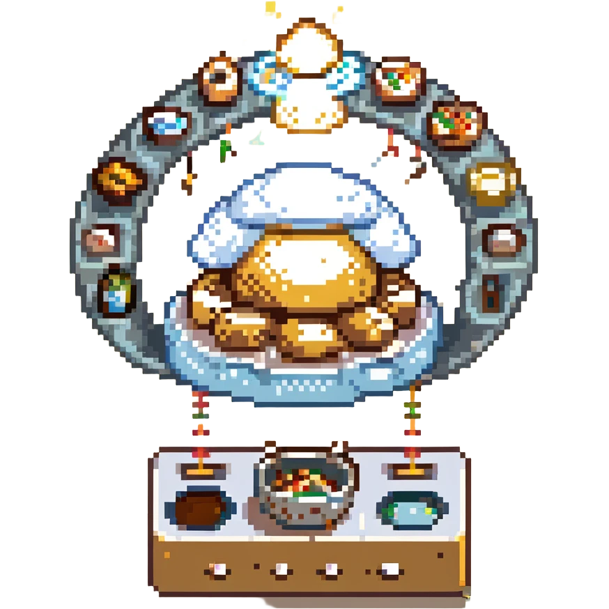 A divine baker surrounded by floating utensils, radiant ingredients, and a halo of light. The oven levitates, powered by pure energy. UI resembles clouds, golden rays, and ethereal scrolls—like a heavenly recipe interface. emoji