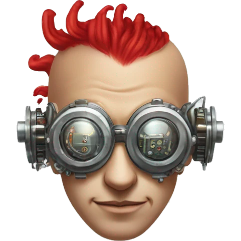 Bald cyborg head with red Mohawk, red beard. silver steampunk monocle goggles a smile and circuits emoji