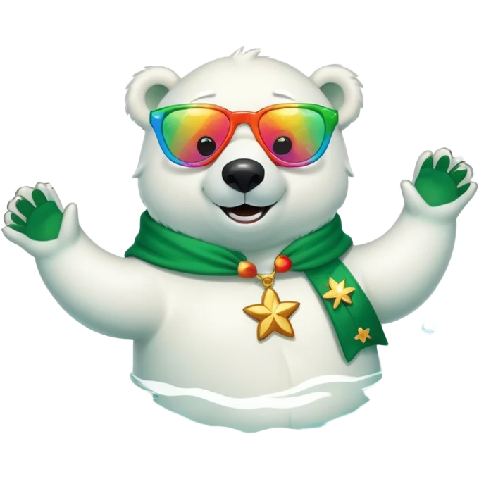 friendly anthropomorphised polar bear smiling, wearing large multicolored star-shaped glasses and festive St. Patrick's Day outfit, floating on back in water emoji