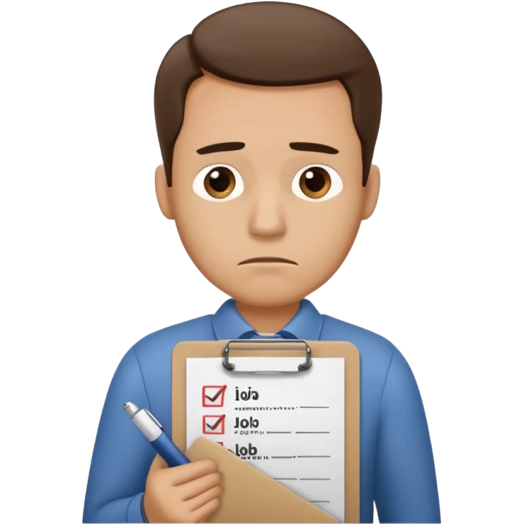 Man looking sad while holding a clipboard with a checklist that has a heading that says job application  emoji