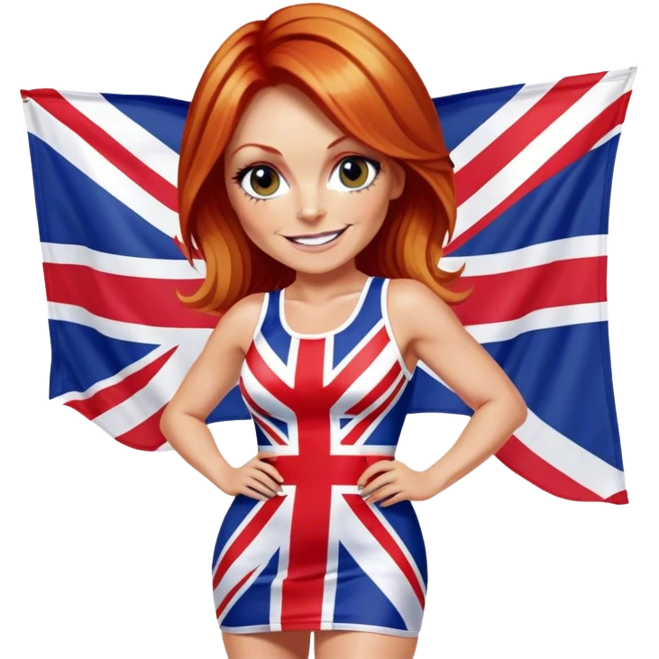 Geri Halliwell smiling with red hair and blonde highlights wearing a short bodycon Union Jack flag dress emoji