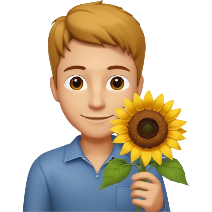 man holding a sunflower portrait, head and shoulders only, gentle smile, sunflower visible in hand, warm positive vibe, 3D cartoon style, mobile game icon style, clean background, no text, no watermark
 emoji