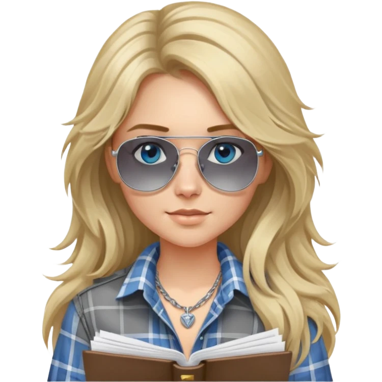 girl with long blond messy hair wearing grey plaid shirt with blue eyes and aviator sunglasses wearing a ring on her silver necklace, holding lawyer papers emoji