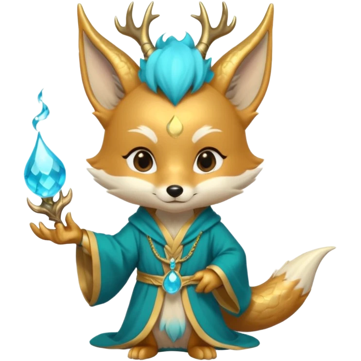Chibi teal fox with small antler horns, confident magical expression, gold mark on forehead, teal-gold robe, holding glowing blue water orbs, with dragon tail with small antler horns on its head emoji