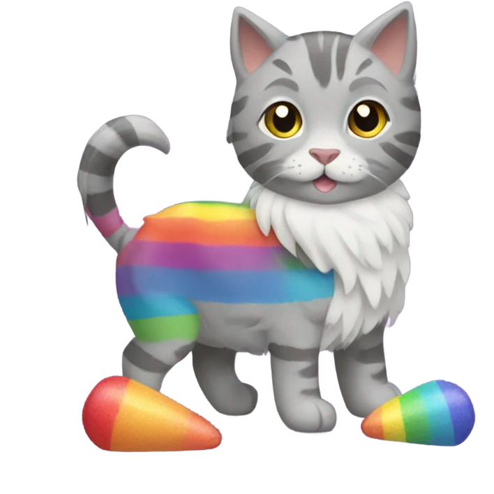 Grey tabby cat with rainbow lama toy emoji