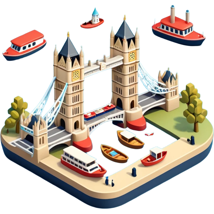Isometric illustration of London with Tower Bridge over a small river section, toy-style boats, Big Ben peeking in background, vibrant yet muted colors, in miniature diorama style. emoji