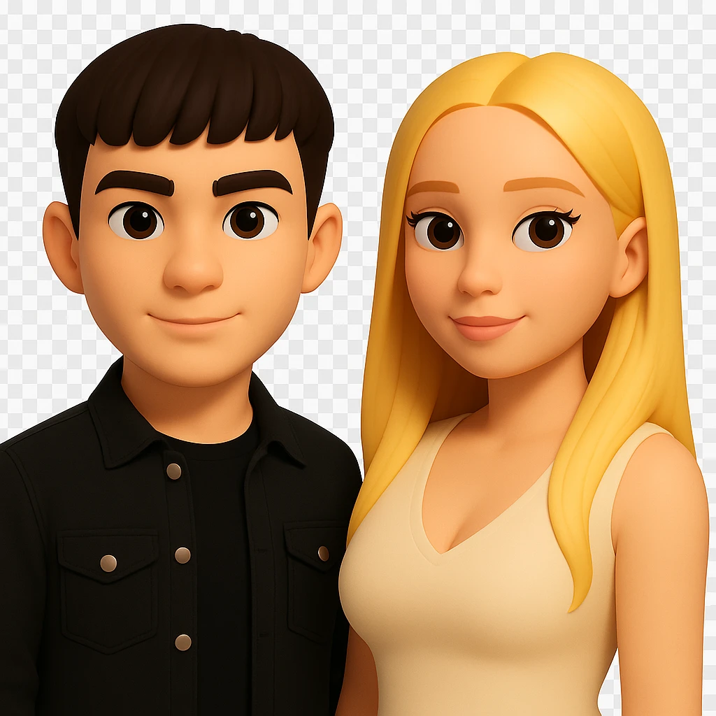 Slightly increase the volume of the upper body of the girl, separate the girl and the boy from each other, make the skin color the same for both characters. Maintain the cartoonish 3D style as in the reference image. Keep the background transparent. emoji