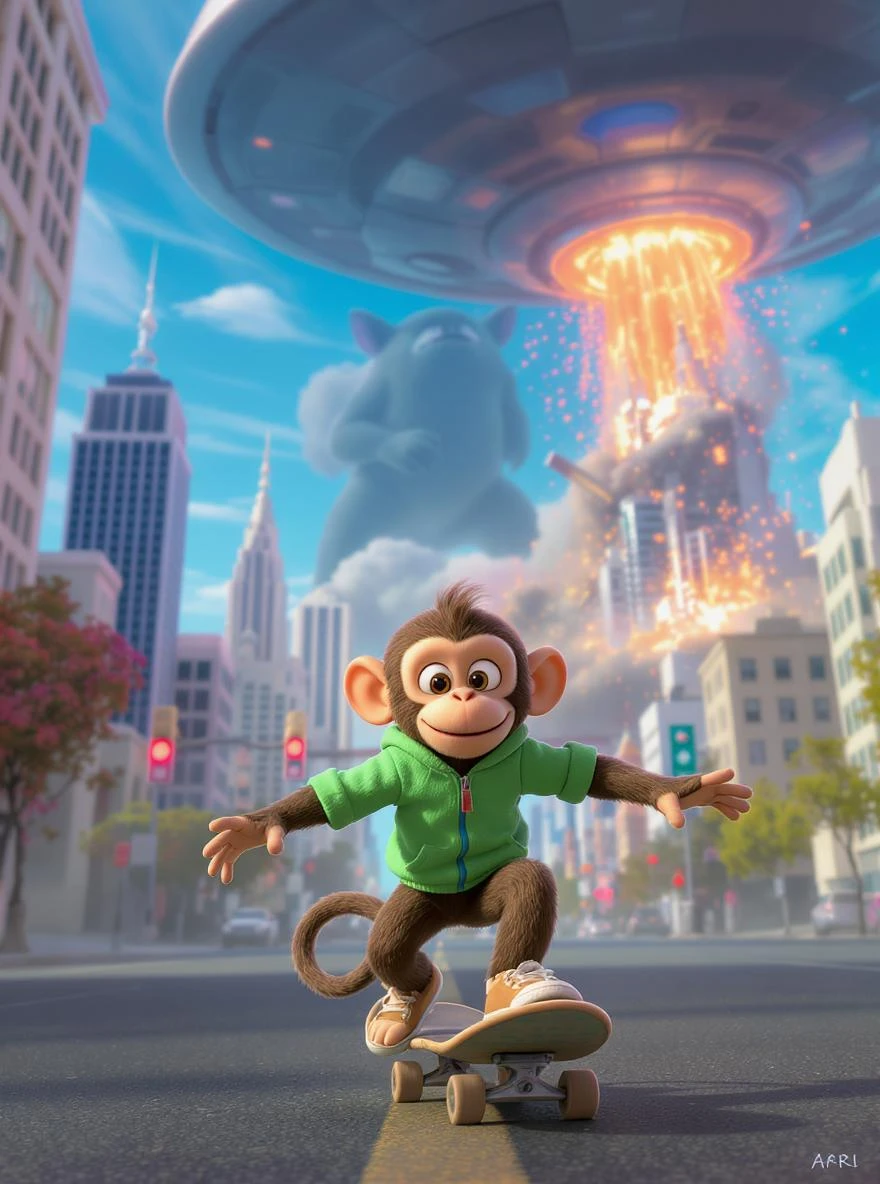 Disney style Cinematic still scane, Low angle shot, Depth, monkey dress in green outfit, monkey ride on skateboard, san francisno downtown with city lanscape, ufo destroying city in background, blue clean sky, captured by ARRI Alexa XT, soft cinematic lightning, back light, inspired by ToyStory 4 emoji